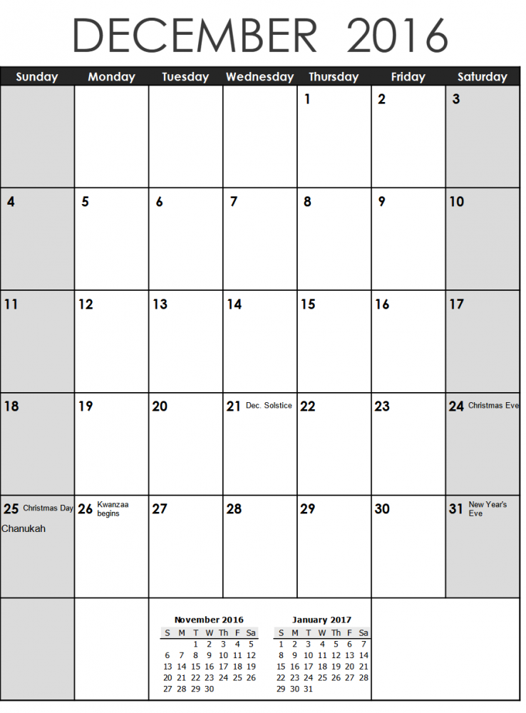 2016 monthly calendar